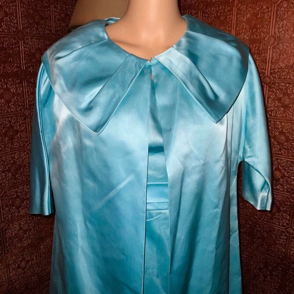 2 PIECES Vintage 1950s 2PC Turquoise Satin Wiggle Dress w/ Matching Swing Coat